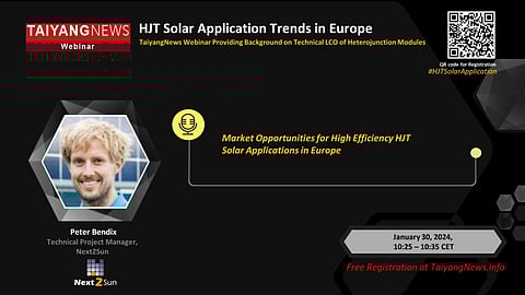 Next2Sun’s Peter Bendix will be speaking at the TaiyangNews Special Webinar on HJT Technology Updates and Market Opportunities in Europe on January 30, 2024. Scan the QR code to register for free. (Photo Credit: TaiyangNews)