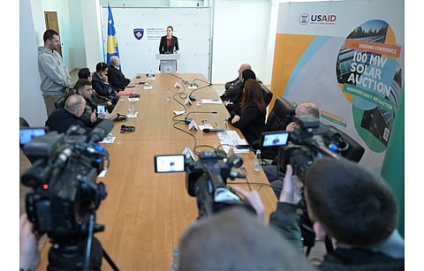 Kosovo’s Economy Minister Artane Rizvanolli (standing at the podium) announced the bidders for the country’s 1st renewable energy auction for 100 MW solar plant. (Photo Credit: Ministry of Economy, Kosovo)