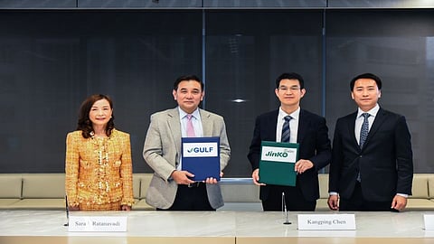 JinkoSolar has signed 2 separate deals; one with Gulf Energy (pictured) for 3.5 GW of Tiger Neo modules; one with a set of companies to supply SunGiga ESS systems to a 440 MWh VPP project. (Photo Credit: JinkoSolar)