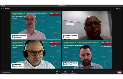 The executive panel moderated by TaiyangNews’ Michael Schmela comprised Juniper’s Gautam Samanta, Aquila’s Ozer Ergul and GRIDSERVE’s Michael Vassakis. (Photo Credit: TaiyangNews)