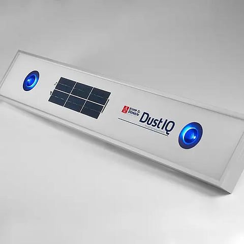 Sunlight independent soling loss measurement: Kipp & Zonen DustIQ soiling loss tool, placed between or on the same level of PV panel strings, measures the accurate real-time soiling ratio based on optical soiling measurement (OSM) technology. (Photo credit: OTT Hydromet)