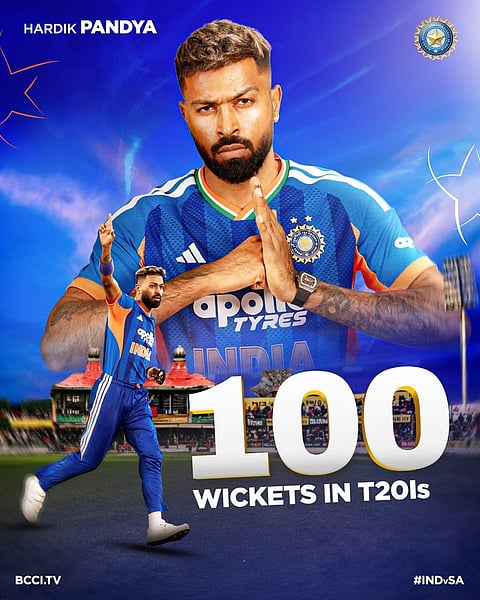 Indian cricketer Hardik Pandya has taken his 100th wicket in T20 International cricket