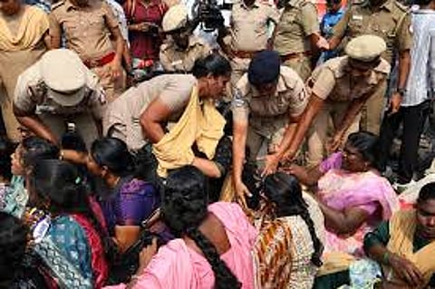 Police arrested secondary school teachers who protesting on Marina Road in Chennai, demanding equal pay for equal work
