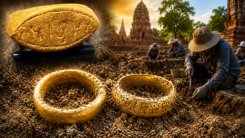 Two gold rings bearing "Tamizhi" script have been found during excavations in Thailand
