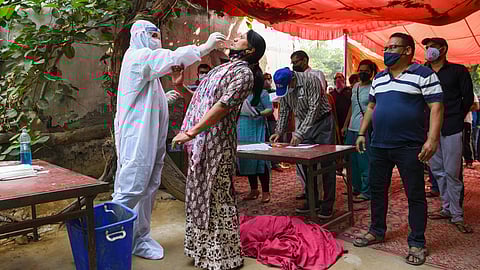 A medical worker collects a swab sample