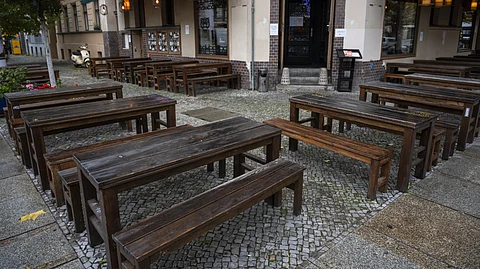 View of an empty restaurant terrace in Berlin prior to a lockdown
