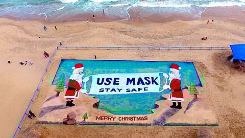 Sudarsan has created the sand art which is 120 ft long and 50 ft wide