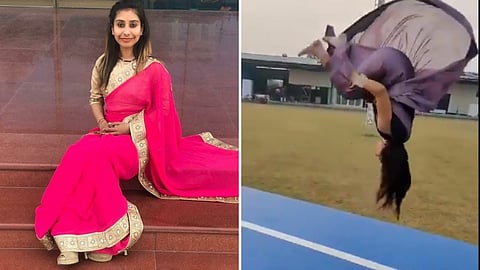 Parul Arora mastering the backflip in saree