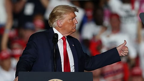 President Donald Trump speaks during his campaign event at the Orlando Sanford International Airport