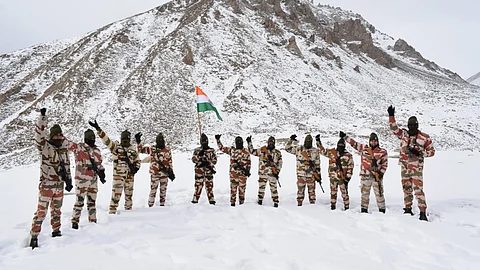 ITBP's R-Day march on frozen water with tricolour at 17,000 feet.