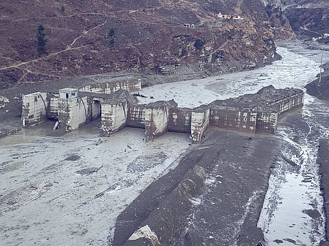 Damaged Dhauliganga hydropower project after a glacier broke off in Joshimath causing a massive flood in the Dhauli Ganga river, in Chamoli district of Uttarakhand,
