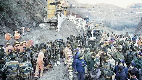 Rescue operations underway near Tapovan Tunnel, after a glacier broke off in Joshimath causing a massive flood in the Dhauli Ganga river, in Chamoli district of Uttarakhand,