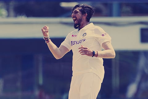 Ishant Sharma celebrating after dismissing England's Daniel Lawrence in their second innings on Day Four of the first Test at the MA Chidambaram Stadium.