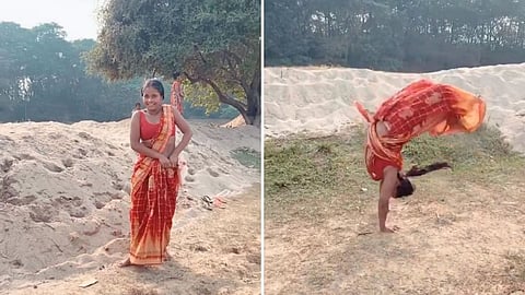 Mili Sarkar while performing backflips in saree