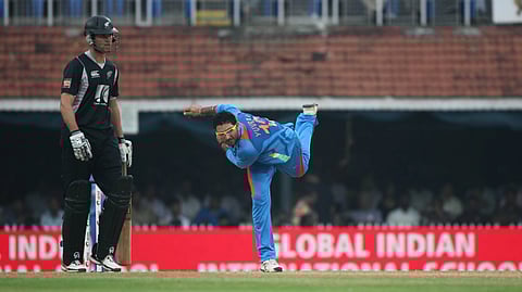 Yuvraj Singh was clicked during his bowling spell against New Zealand