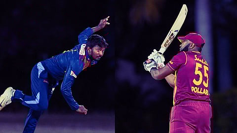 Sri Lankan off-spinner Akila Dananjaya and West Indies Captain Kieron Pollard (Right to Left)