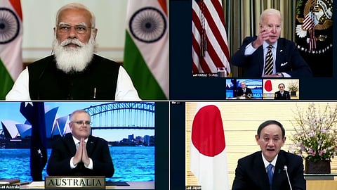 Prime Minister Narendra Modi takes part in the First Quad Leaders Virtual Summit (Quad Summit 2021) with US President Joe Biden, Australian PM Scott Morrison and Japanese PM Suga, in New Delhi on Friday.