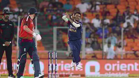 Yuzvendra Chahal during the second T20 against England at Narendra Modi Stadium, Ahemedabad