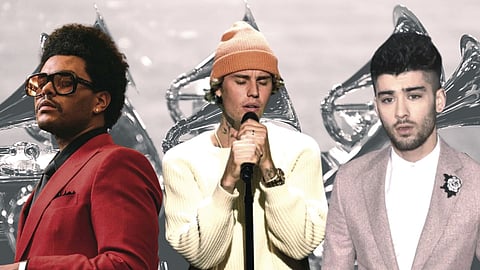 The Weeknd, Justin Bieber and Zayn Malik (L-R) will not attend this year's Grammy