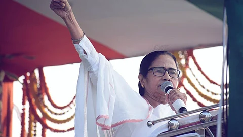 Mamata Banerjee addressing a TMC workers' rally at Nandigram in West Bengal on March 9