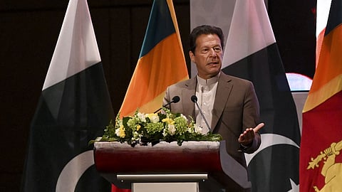 Pakistan's Prime Minister Imran Khan speaks at a Trade and Investments conference in Colombo
