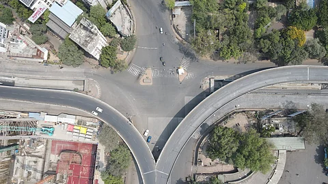 An aerial view of Swargate area of Pune which wore a deserted look amid weekend lockdown