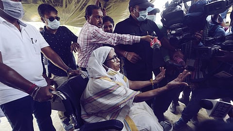 West Bengal Chief Minister Mamata Banerjee arrives at a polling station at Boyal in Nandigram on April 1, 2021