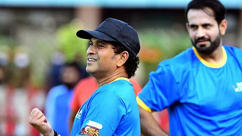 Sachin Tendulkar clicked during a practice session with Irfan Pathan in a recently concluded World Safety Series