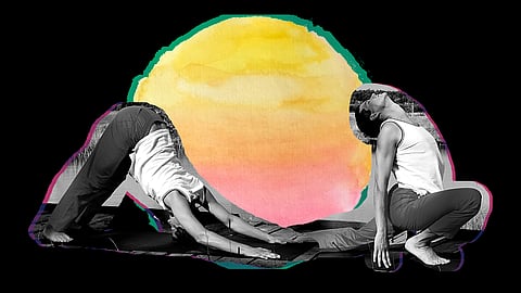 Women practicing Suryanamaskar poses