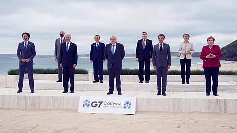G7 leaders from Canada, France, Germany, Italy, Japan, the UK and the United States pose for a family picture in Carbis Bay, Cornwall