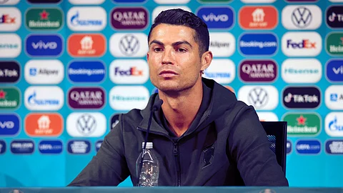 Cristiano Ronaldo gives a press conference at the Puskas Arena in Budapest on 14 June, 2021