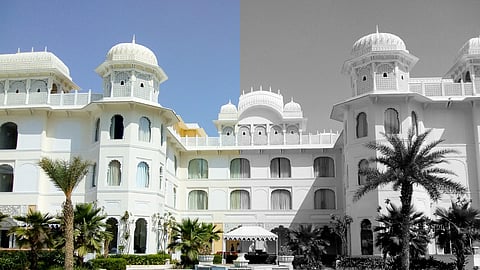 The fountain courtyard of The Leela Palace Hotel in Jaipur, a palatial resort.