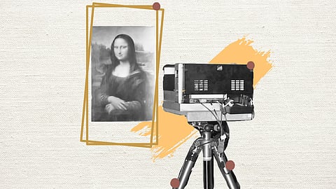 The Lumiere technology camera in front of the Mona Lisa's painting, capturing ultra-high-resolution images.