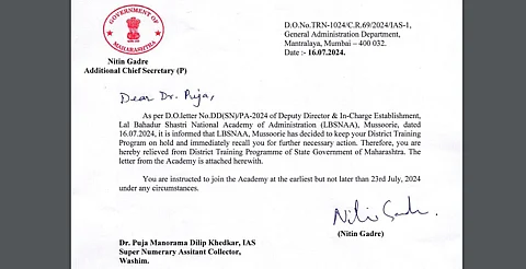 IAS Puja Khedkar District Training Program Put on Hold, Recalled to LBSNAA