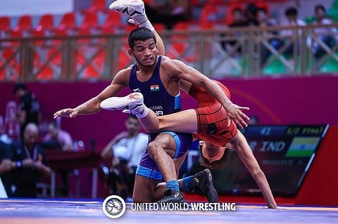 Samarth Mahakave faced Uzbekistan's Sardor Kholmurzaev