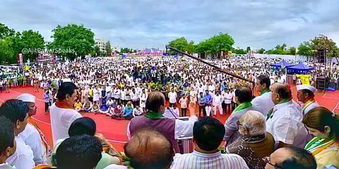 Crowd gathers at Jan Sanman Rally in Baramati