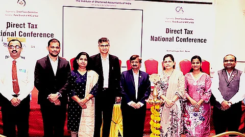 Conference on Direct Taxes featured ICAI members including CA Piyush Chhajed, CA Ruta Chitale, ICAI Pune Chairperson CA Amruta Kulkarni, and CA Ajinkya Randive.