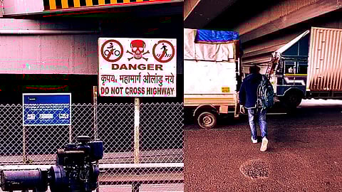 Pedestrians risking their lives while crossing road at Chandni Chowk