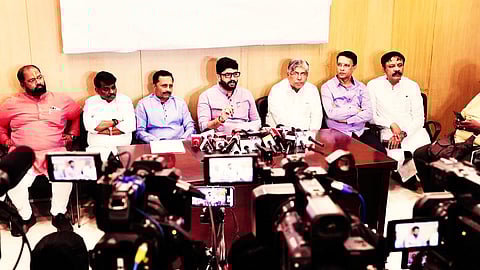 BJP leaders addressing mediapersons
