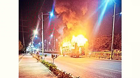 private passenger bus caught fire near Pimple Saudagar
