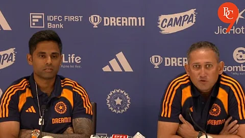 Suryakumar Yadav and Ajit Agarkar announcing the Asia Cup 2025 squad