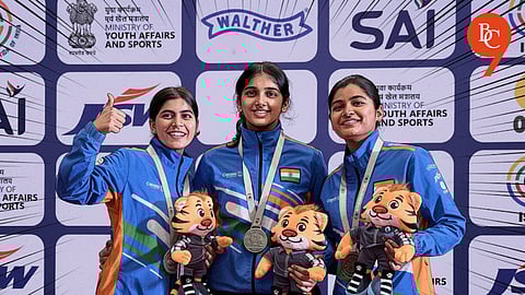 From left to right: Silver medallist Anshika, champion Anushka Thokur and bronze medallist Aadhya Agrawal