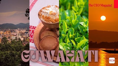 A panoramic view of Guwahati city from a distance, with the skyline nestled amid greenery, a lively scene from the Bihu festival with traditional cuisine, expansive tea plantations rolling across the landscape, and a stunning sunset casting a golden glow over the Brahmaputra River.