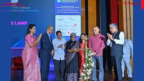 L-R Dr Lallu Joseph, Secretary General of CAHO, Dr Devi Shetty, Senior Consultant MBBS, MS, FRCS Narayana Institute of Cardiac Sciences, Uma Nambiar, Organising Secretary of CAHOTECH, Dinesh Gundu Rao, Minister for Health & Family Welfare, Karnataka Government, Dr Alexander Thomas, Co-Organizing Chairman of CAHOTECH.
