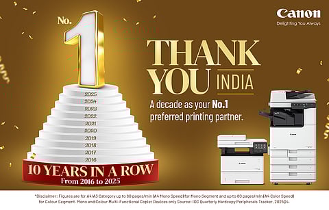 Canon India Marks a Milestone of 10 Consecutive Years with No.1 Market Share in the Overall Laser Copier Based MFP Segment