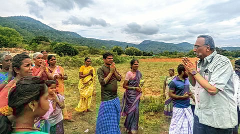 Henri Tiphagne with his team meeting victim families of the Shesachalam Encounters on the killing's 10th anniversary, Chitheri Hills, Dharmapuri, Tamil Nadu. | Photo: Edgar Kaiser