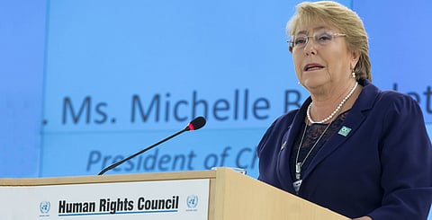 Michele Bachelet, Presidente of Chile speaks during Special Session of the Human Rights Council. 29 March 2017.