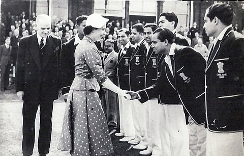 The Indian team meets Queen Elizabeth II at Lord's Cricket Ground, 23 June 1952; By Abhijit Sen - Own work, CC BY-SA 3.0, Source: Wikimedia Commons