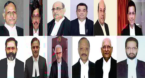 (LtoR)- Justice Govind Mathur, Justice S Muralidhar, Justice Rajan Roy, Justice Pankaj Naqvi, Justice Rohinton Fali Nariman, Justice DY Chandrachud, Justice GR Swaminathan, Justice AS Oka, Justice AJ Bhambhani, Justice John Michael Cunha, Justice PN Prakash and Justice TV Nalawade.