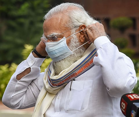 New Delhi: Prime Minister Narendra Modi during his address to the media before commencement of Parliament's Monsoon Session, amid the ongoing coronavirus pandemic, outside Parliament House in New Delhi, Monday, Sept. 14, 2020. (PTI Photo/Kamal Singh)(PTI14-09-2020_000045B)